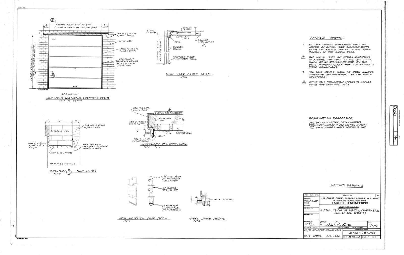 Technical drawing for installing a metal overhead garage door, with section details